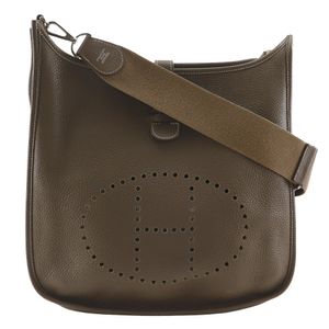 Pre-owned Hermès Evelyne 3 GM shoulder bag in Taurillon Clemence Etoupe leather, made in France, 2012. Crossbody, A4 size, snap closure. Women's.