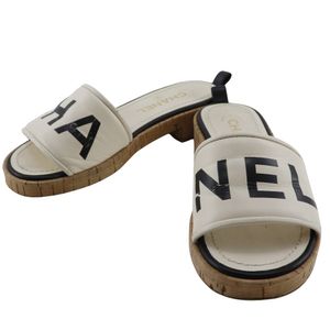 Pre-owned CHANEL CHANEL Logo Mules G34876, Leather and Cork, Made in Italy, White/Black, Women's
