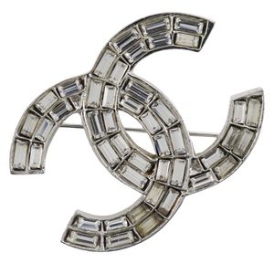 Pre-owned CHANEL Coco Mark Brooch, Metal with Rhinestones, Made in France, 2001, Silver, 01P, Approx. 19g, Women's.