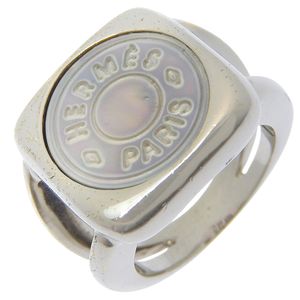 Pre-owned Hermès Corozo Series ring, size 9.5, BIJOUTERIE FANTAISIE, made of metal and shell, silver, approximately 9.8g, for women.