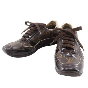 Pre-owned LOUIS VUITTON women's low-top sneakers in brown Monogram canvas and enamel, made in Italy.