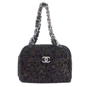 Pre-owned CHANEL Camellia tote bag with chain shoulder strap, suede, made in Italy, 2004, black, shoulder/handbag, zipper, Camelia, women's.