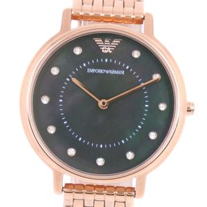 Pre-owned Emporio ARMANI AR-80043 watch with earrings and a set, stainless steel, pink gold, quartz movement, black shell dial, for women.