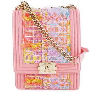 กระเป๋าสะพายไหล่ CHANEL Boy Chanel Coco Mark Chain AS0130 มือสอง ผ้าทวีดและหนังแกะ ผลิตในประเทศฝรั่งเศส ปี 2019 สีชมพู มีฝาปิด สำหรับผู้หญิง