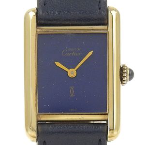 นาฬิกา Cartier Must Tank มือสอง สี Vermeil ปี 1970 ตัวเรือนเงิน 925 พร้อมหนังปั๊ม ไขลานมือ หน้าปัดสีน้ำเงินลาพิส ลาซูลี สำหรับผู้หญิง