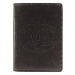 Pre-owned CHANEL COCO Mark business card holder, card case, lambskin, made in France, dark brown, open, COCO Mark, women's.