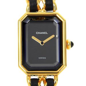 Pre-owned Chanel Premiere S watch H0001, gold-plated leather strap, gold quartz movement, analog display, black dial, women's.