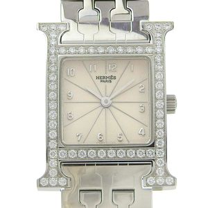 Pre-owned Hermès H Watch HH1.230, diamond bezel, stainless steel, quartz movement, analog display, silver dial, women's watch.