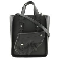 Pre-owned Christian Dior Saddle Mini Tote, a 2-way shoulder bag in black calfskin leather. Made in Italy. Can be used as a crossbody or handbag. Fits A5 size and features a magnetic closure. Women's.