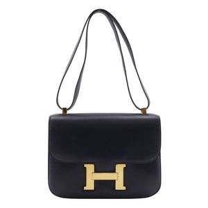 Pre-owned Hermès Constance 24 shoulder bag, vintage box calf leather, made in France in 1976, navy blue with gold hardware, shoulder flap, Constance 24, women's.