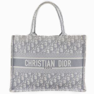 二手 Christian Dior Book Tote 中号，斜纹刺绣棉质手提包，意大利制造，浅灰色，单肩包/手提包，A4 尺寸，开口，女式。