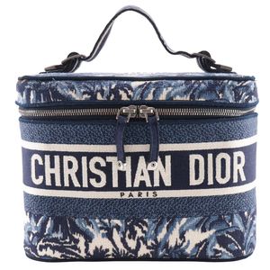 二手 Christian Dior 旅行化妆包，棕榈刺绣帆布，意大利制造，2021 年，海军蓝/白色，双拉链，女士款。