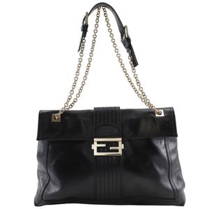 Pre-owned FENDI Chain Tote Bag in Black Leather with a 2-Way Shoulder Strap. Can be worn as a crossbody, shoulder bag, or handbag. This 2-way flap chain tote bag is perfect for women.