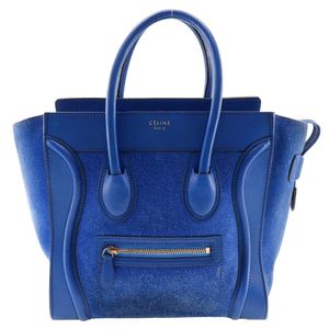 二手CELINE Luggage Micro 絨面革和小牛皮手提包。義大利製造。藍色，拉鍊。女士款