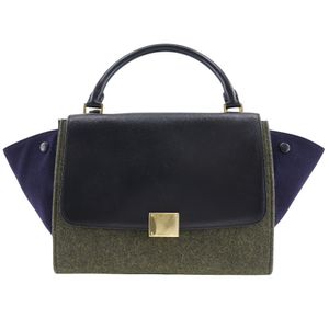 二手CELINE Trapeze 手提包，採用毛氈和小牛皮製成，義大利製造，黑色/灰色，可單肩或手提，翻蓋，適合女士