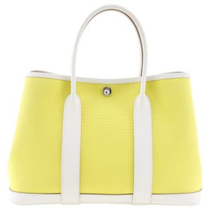 二手 Hermès Garden Party TPM 手提包,Toile Officier x Country 萊姆/Crème 顏色,法國製造,2020 年,帶按扣,適合女士