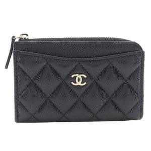 Pre-owned CHANEL Matelasse coin case with L-shaped zipper, fragment case, caviar leather, black, made in Italy. Matelasse women's.