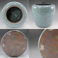 인간국보 시미즈 우이치 작 청와수 손가락 교체 옻칠 덮개 다도구 도자기 Living National Treasure Shimizu Uichi's celadon water jar with replacement lacquer lid _【중고】