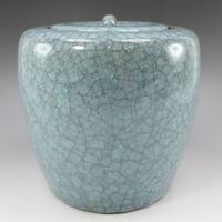 인간국보 시미즈 우이치 작 청와수 손가락 교체 옻칠 덮개 다도구 도자기 Living National Treasure Shimizu Uichi's celadon water jar with replacement lacquer lid _【중고】