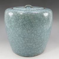 인간국보 시미즈 우이치 작 청와수 손가락 교체 옻칠 덮개 다도구 도자기 Living National Treasure Shimizu Uichi's celadon water jar with replacement lacquer lid _【중고】