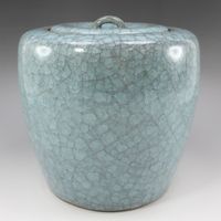 인간국보 시미즈 우이치 작 청와수 손가락 교체 옻칠 덮개 다도구 도자기 Living National Treasure Shimizu Uichi's celadon water jar with replacement lacquer lid _【중고】