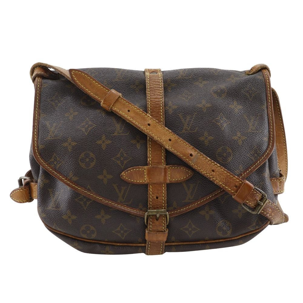 二手LOUIS VUITTON Saumur 30 肩背包 M42256 字母帆布 1990 棕色 AR8910 斜背包，附 A5 皮帶扣。
