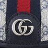 二手 Gucci Ophidia 迷你双肩包/日用背包 795221，GG Supreme 高级人造帆布材质，灰色/海军蓝，单肩/手提，磁扣设计。女款。