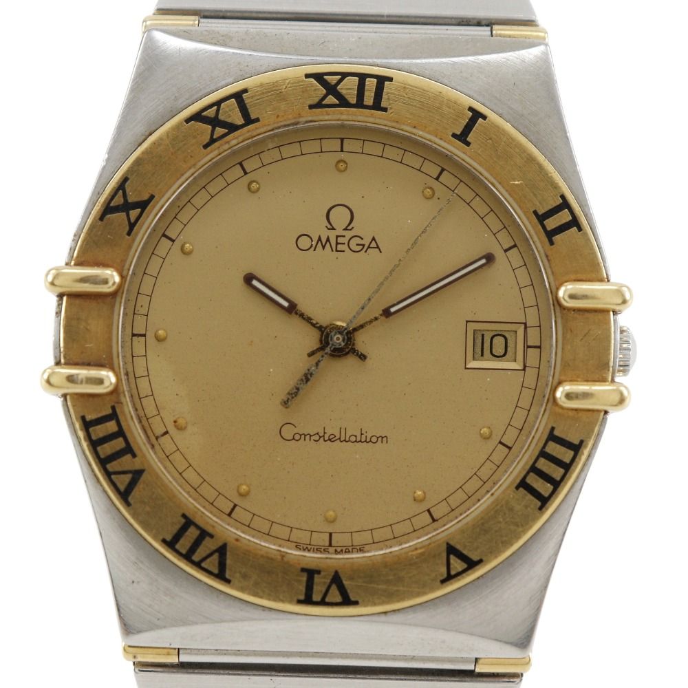 二手OMEGA星座男錶,1438 型機芯,不鏽鋼,1991 年,石英機芯,模擬顯示,金色錶盤。