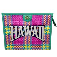 最終促銷！ GUCCI 2023 限量版夏威夷標誌手拿包 744973 皮革/草編 綠/粉紅/紫 女款