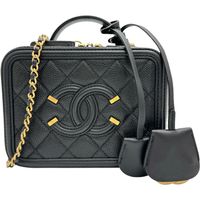 CHANEL Filigree 化妝包 A93342，兩用單肩包/手提包，魚子醬皮，黑色皮革，女士