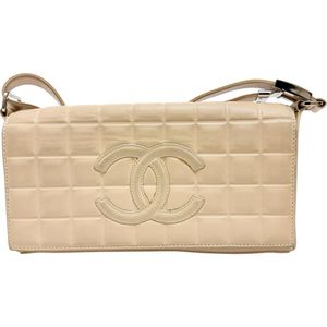 CHANEL Chocobar One-Shoulder Shoulder Bag, Beige Leather with Silver Hardware, Women's
