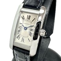 CARTIER Tank Américaine Mini WSTA0032 Women's Watch, Stainless Steel/Leather Quartz Movement, Silver Dial/Navy Blue Leather Strap