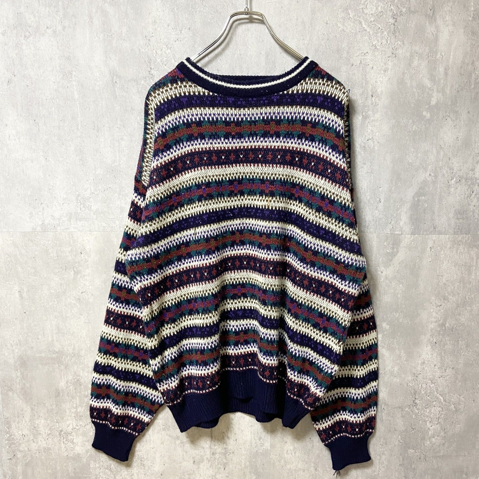 Vintage flocked print acrylic knit sweater, made in France, size L, men's size. acrylic blue type Vintage Second Hand