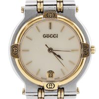 二手 Gucci Date 男士手錶，9000M 不鏽鋼，鍍金石英機芯，模擬顯示，象牙色錶盤