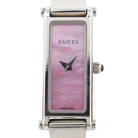 二手 Gucci 1500L 不鏽鋼石英錶，附模擬顯示和粉紅色錶盤，適合女士。