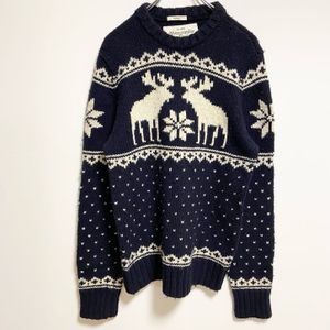 Used Abercrombie & Fitch long-sleeved Nordic knit sweater with reindeer print, navy, size XL