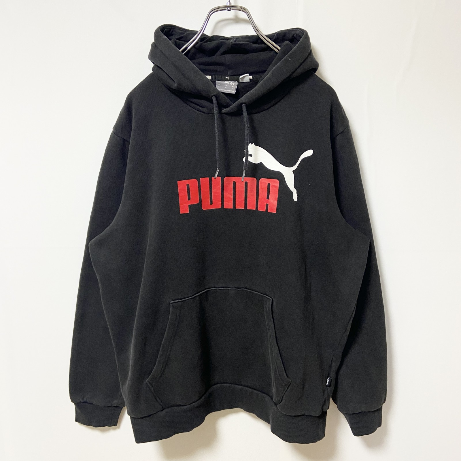 プーマ ロゴプリント 長袖 スウェットパーカー L ブラック PUMA プルオーバー トレーナー メンズ 中古古着 PUMA プリント スウェット パーカー