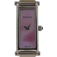 二手 Gucci 1500L 不鏽鋼石英錶，附模擬顯示和粉紅色錶盤，適合女士。