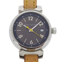 Pre-owned Louis LOUIS VUITTON Tambour watch Q1211, stainless steel and leather, quartz movement, analog display, Braun dial, women's.