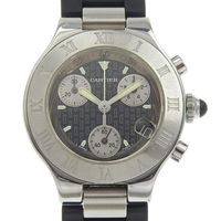 Pre-owned Cartier Chronoscaph Must 21 W10198U2 stainless steel and rubber quartz chronograph watch with black dial for women.