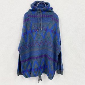 Used 90s French Country half-zip fleece hoodie, vintage, all-over print, blue, size M