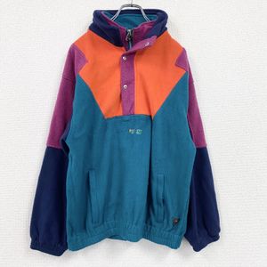 Used 2000s half-zip fleece pullover, vintage, blue and orange, size L