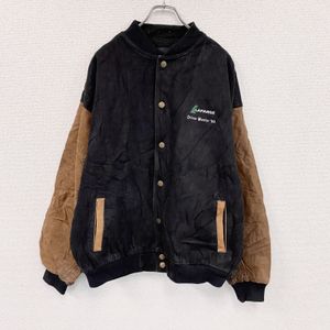 Used 2000s W/C Western black denim stadium jacket with leather sleeves, vintage, black, size L