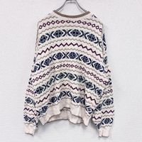 Used cotton knit sweater, 3D knit, all-over pattern, white, size XL