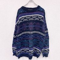 Used 2000s cotton knit sweater, 3D knit, all-over print, vintage, black, size XL