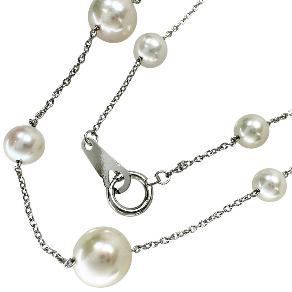 Station-setting Akoya pearl necklace, 4.8-6.8mm, 11.5g, 79cm, 18K white gold, for women. [Pre-owned]