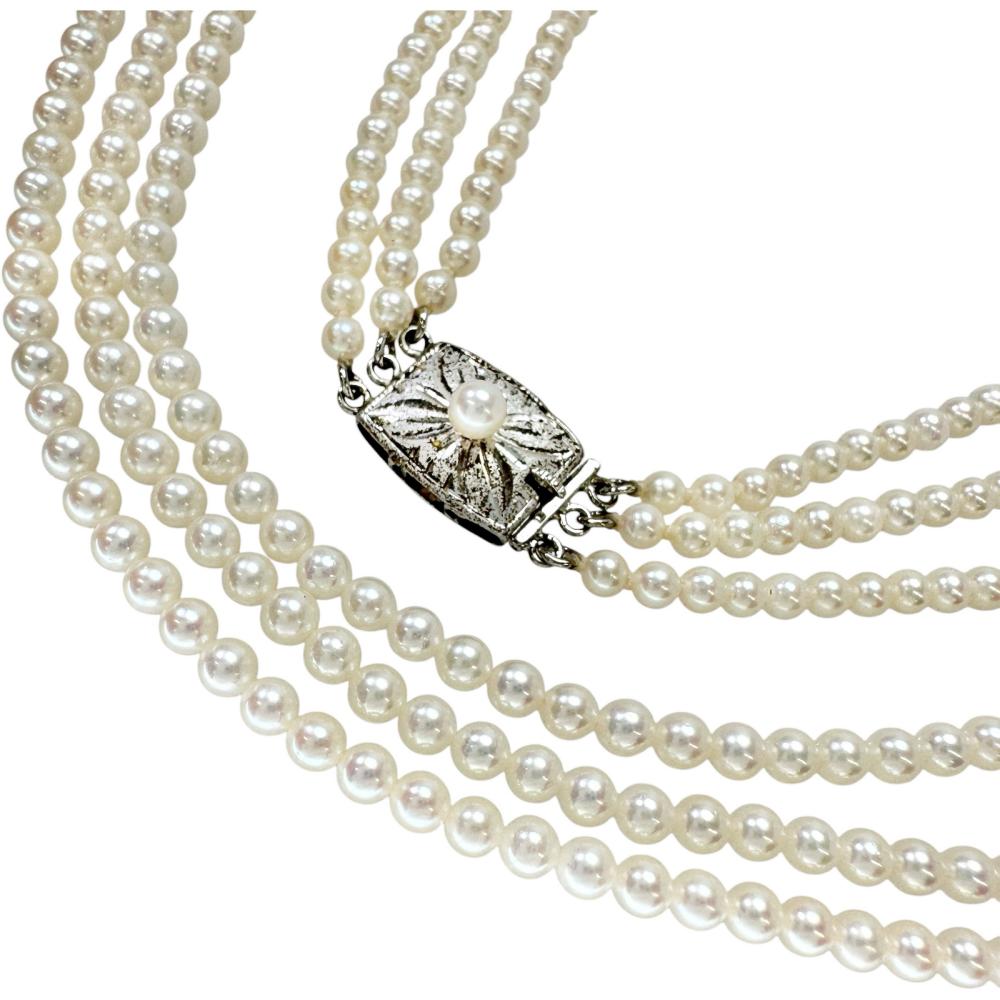 Pre-owned 3-strand Akoya pearl (baby pearl) necklace, 3.0-3.5mm, silver, 33.2g, 71cm, for women.
