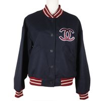 Pre-owned CHANEL Baseball Stadium Jacket, Sports Line, 04P P23442, Wool, 2004, Navy Blue, Women's