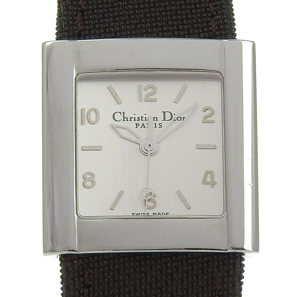 二手 Christian Dior Riva 手錶 D80-100，不鏽鋼和帆布，石英機芯，模擬顯示，銀色錶盤，女士款。