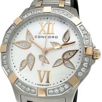 Pre-owned Concord Saratoga 02.3.15.1061S.1013 watch with diamond bezel and indexes. Includes warranty card, warranty card, and box. Stainless steel/18K yellow gold/shell quartz movement with a shell dial and silver-gold combination strap. Women's.